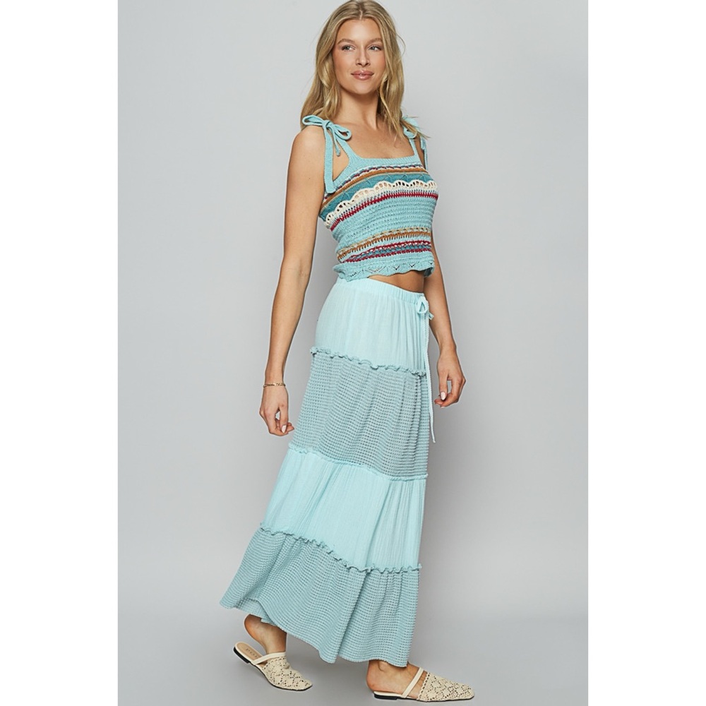 POL Sky Blue Tiered Mixed Fabric Maxi Skirt - Picture 4 of 5